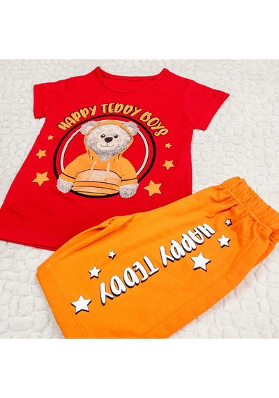 Momikon Erkek Çocuk Happy Teddy Boys Yazılı Pamuklu Takım Kırmızı