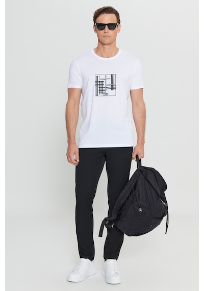 AC&Co / Altınyıldız Classics Erkek Beyaz Pamuklu Slim Fit Dar Kesim Baskılı Esnek Tişört Beyaz