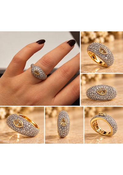Klasik Model Zirkon Taşlı Fantazi Yüzük Paslanmaz Çelik Gold