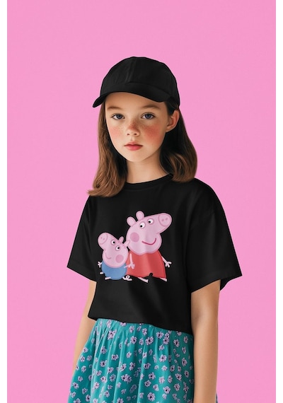 Sevbano Peppa Pig Baskılı Unisex Çizgi Film Çocuk Tişört 1-12 Yaş Siyah