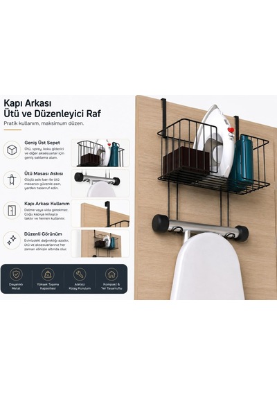 Alper Banyo Kapı Arkası Ütü Masası Askılığı Siyah, Sepetli Kapı Arkası Düzenleyici, Delmeden Kullanımlı Ü