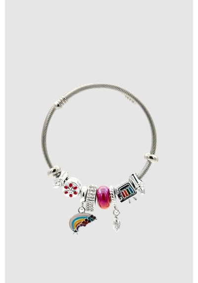 Gökkuşağı Ve Sanat Temalı Charm Detaylı Silver Fuşya Bijuteri Kelepçe Bileklik