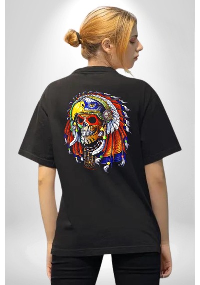 Kızıl Derili Kuru Kafa Düş Kapanı Pamuklu Unisex Oversize Sırt Dijital Baskılı Siyah T-shirt Siyah