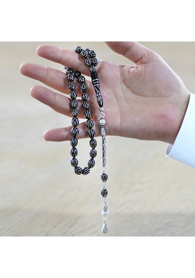 925 Ayar Gümüş Kral Zincir Püsküllü Gümüş İşlemeli Arpa Kesim Erzurum Oltu Taşı Tesbih Siyah - Beyaz