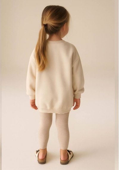 Kız Çocuk Balerin 3d Tütü Aplike Detaylı Sweatshirt Çizgili Tayt Alt Üst Takım KREM