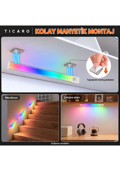 Tıcaro 32 Cm Rgb Sensörlü Şarjlı Led Dolap Işığı, 72 Led, 2200 Mah, Tekli Gümüş