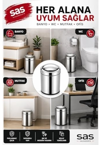 8 Litre Döner Kapaklı Paslanmaz Çelik Banyo & Wc Çöp Kovası 7508, Gri