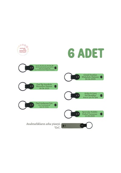 Öğretmene Veda Partisi Hatırası, 6'lı Set, Öğrenci İsimli Kişisel Deri Anahtarlık, F Yeşil & Gri