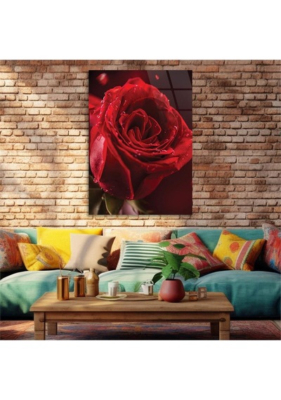 Gerçek Cama Baskı Kırmızı Gül Görselli Tekli Cam Tablo S004