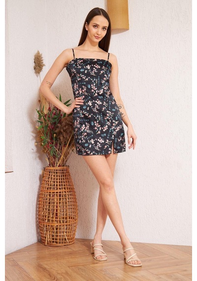 Darlin Moda Siyah Çiçek Desenli Saten Elbise Dm1009 Siyah Darlin Moda Siyah Çiçek Desenli Saten Elbise Dm1009 Siyah