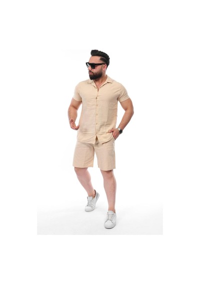 Mcz Giyim Keten Bej Renk Slim Fit Erkek Şort - Gömlek Alt Üst Takım