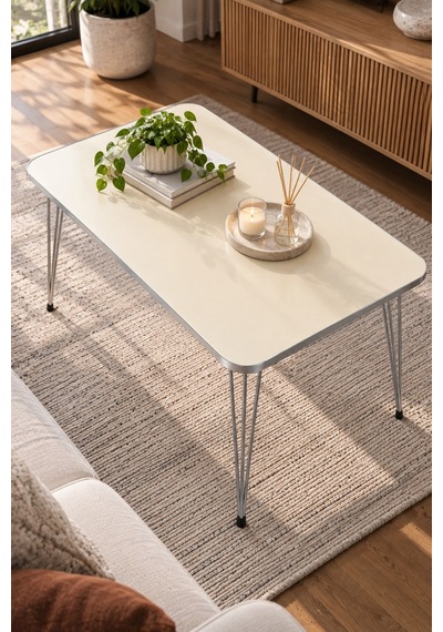 Sulorahome Gümüş Tel Ayaklı Krem Bej Orta Sehpa 90x50 Cm