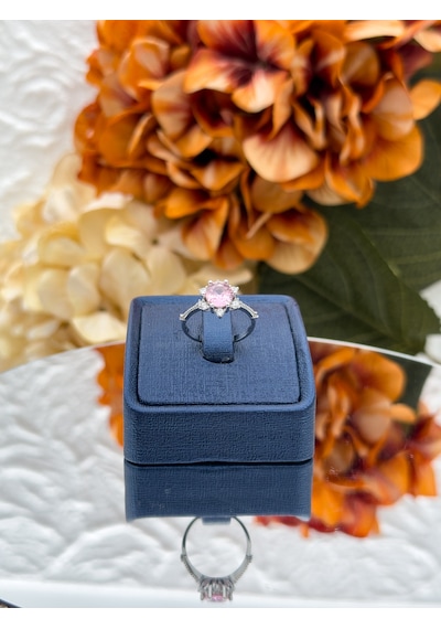 925 Ayar Gümüş Pırlanta Montür Pembe Kuvars Renkli Lotus Tasarım Kadın Yüzük