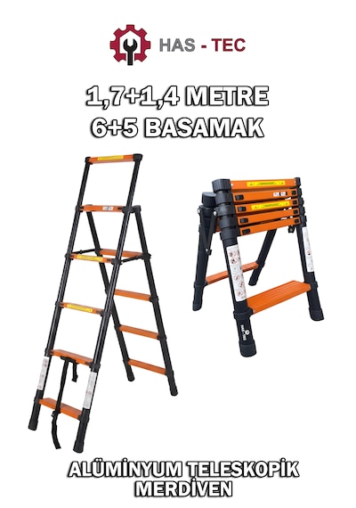 Teleskopik Merdiven 1,7+1,4 Metre 5+6 Basamaklı A Tipi Uzayan