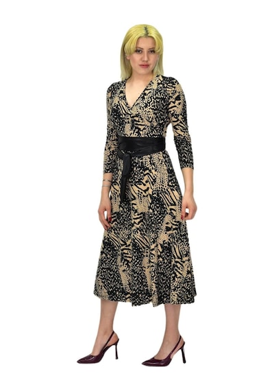 Kadın Viskon Leopar Desenli V Yaka Elbise Bgl-st03536 001