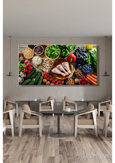 Sağlıklı Ve Dengeli Beslenme Sebzeler, Meyveler Protein Kaynakları Yatay Kanvas Tablo 3881 Çok Renkli
