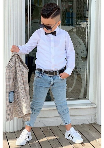 Riccotarz Erkek Çocuk Çizgili Blazer Ceket Kot Pantolon Gri Alt Üst Takım 001