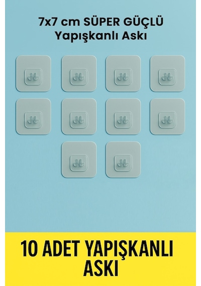 10 Adet 7x7cm Yedek Süper Güçlü Yapışkanlı Askı, 20kg Banyo - Mutfak Raf Tutucu Sticker, Delmesiz Şe Diğer