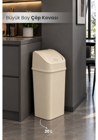 20 Litre Pratik Kapaklı Mutfak Çöp Kovası Büyük Boy Banyo Çöp Kovası Krem