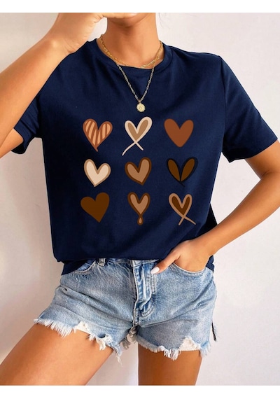 Uyguntarz Unisex Heart Baskılı Tasarım Tshirt Lacivert