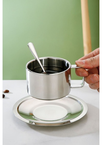 Çelik 2 Adet 3 Parça 200 Ml Çift Cidar Espresso Kahve Fincan Seti Sunum Bardağı Gri