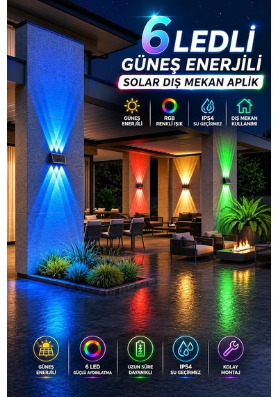 Güneş Enerjili Rgb Solar Aplik 6 Led, Renkli Işıklı Otomatik Yanan Dış Mekan Duvar Lambası, Bahçe Balkon Teras Aydınlatması Diğer