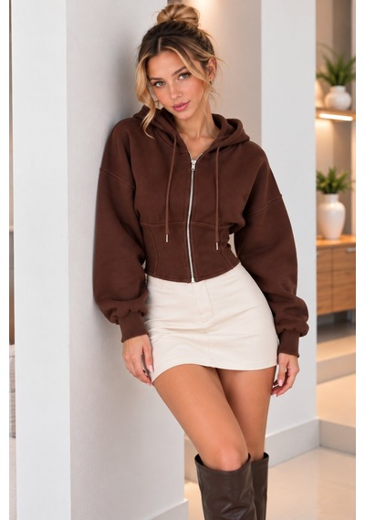 Lima Kahve Kadın Kapüşonlu Fermuarlı Crop Sweatshirt Beli Korse Detaylı Uzun Kollu Oversize Sweat Lima Kahve Kadın Kapüşonlu Fermuarlı Crop Sweatshirt Beli Korse Detaylı Uzun Kollu Oversize Sweat