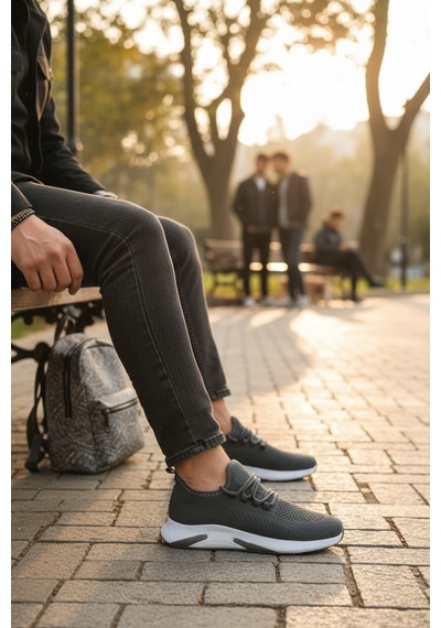 Enoch Ortopedik Bağcıksız Görünümlü Örgülü Sneaker Füme - Beyaz