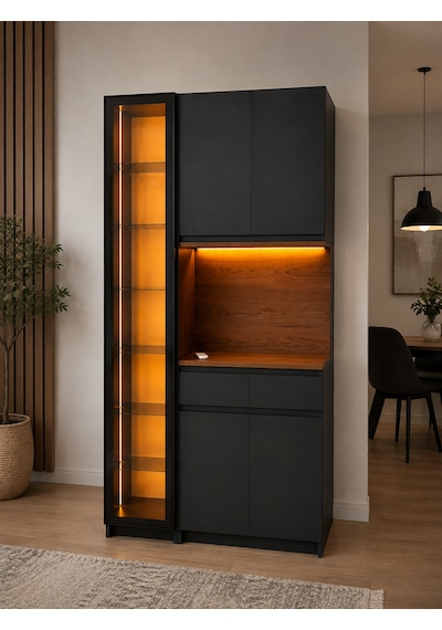 Noir Antrasit Kahve Köşesi Dolabı Led Aydınlatmalı Reflekte Camlı 2 Çekmeceli 200x100x40 Cm Antrasit Ve Ahşap Noir Antrasit Kahve Köşesi Dolabı Led Aydınlatmalı Reflekte Camlı 2 Çekmeceli 200x100x40 Cm Antrasit Ve Ahşap