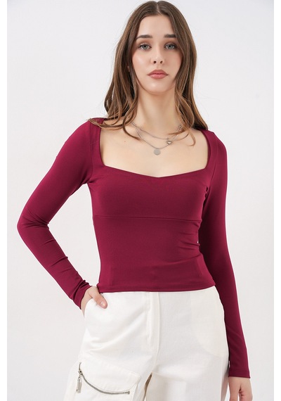 Bigdart Kadın Kare Yaka Slim Fit Bluz 986 - Bordo