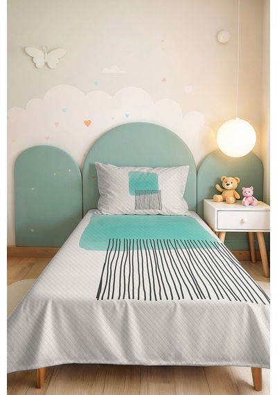 Mint Geometrik Modern Genç Odası Tek Kişilik Pike Takımı - Çizgili Antrasit 160x220 Cm Yatak Örtüsü Killi Anı Işıltısı