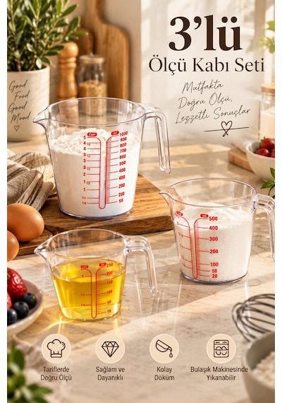 Porsima 3lü Şeffaf Plastik Ölçek Kabı - Beher Mutfak Ölçü Kabı 250ml-500ml-1000ml
