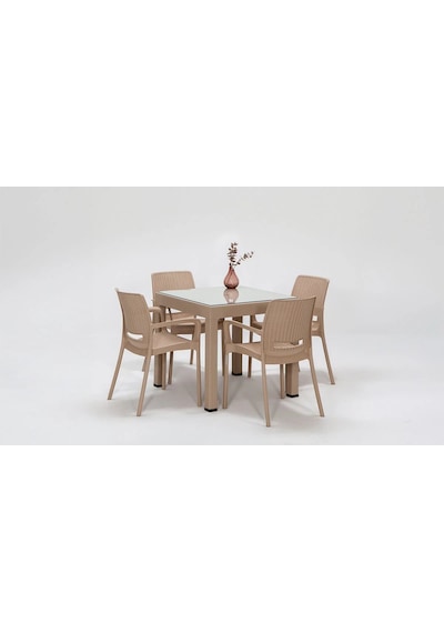 Rattan Camlı Lüx 80x80 Masa Takımı 1 Masa + 4 Sandalye Cappucino Bahçe Balkon Teras Cappucino