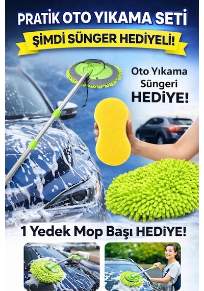 Çok Fonksiyonlu Teleskopik Saplı Oto Yıkama Kurulama Mopu +1 Başlık Hediye +1 Adet Sünger Hediye