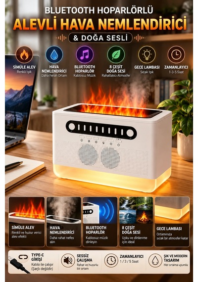 Castu Fs301 Bluetooth Hoparlörlü Alevli Hava Nemlendirici & Doğa Sesli Castu Fs301 Bluetooth Hoparlörlü Alevli Hava Nemlendirici & Doğa Sesli