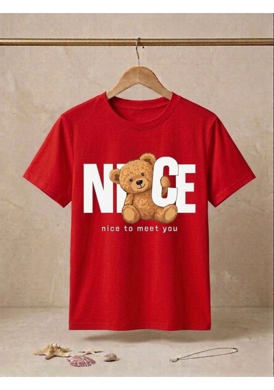 Ayıcık Figürlü Nice To Meet You Yazılı Oversize T-shirt Kırmızı