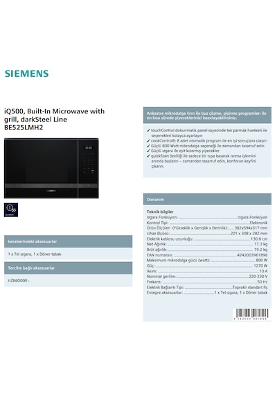 Siemens BE525LMH2 Ankastre Mikrodalga Fırın