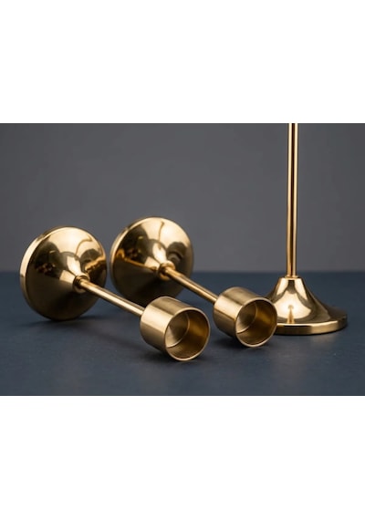 3'lü Metal Şamdan Seti Gold Renk Şamdanlık Klasik Mumluk Seti 16-19-22 Cm