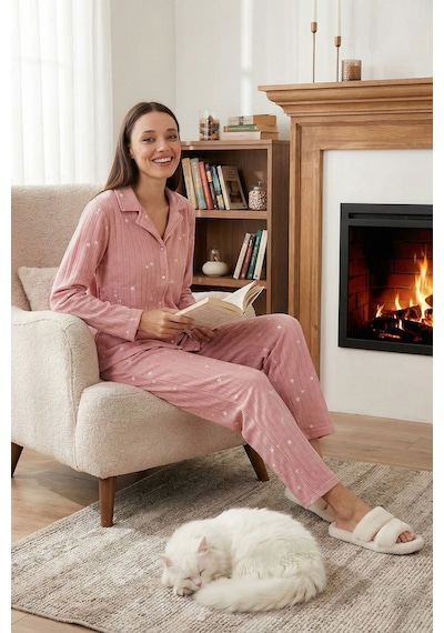Lela Regular Fit Gömlek Yaka Önden Düğmeli Polar Bayan Pijama Takımı 6571009W4 Pudra