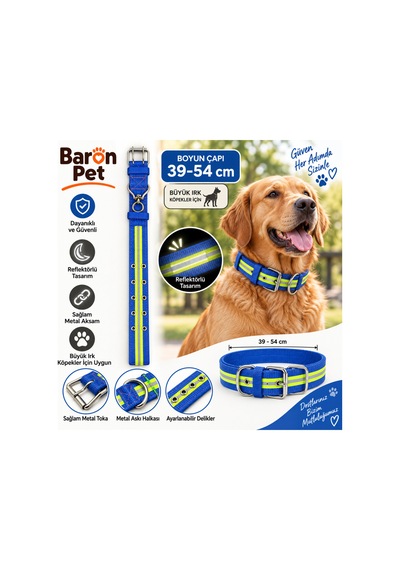 Baron Pet Köpek Boyun Tasması 39-54 Cm Reflektörlü Dokuma Metal Tokalı Büyük Irk - Mavi Çok Renkli