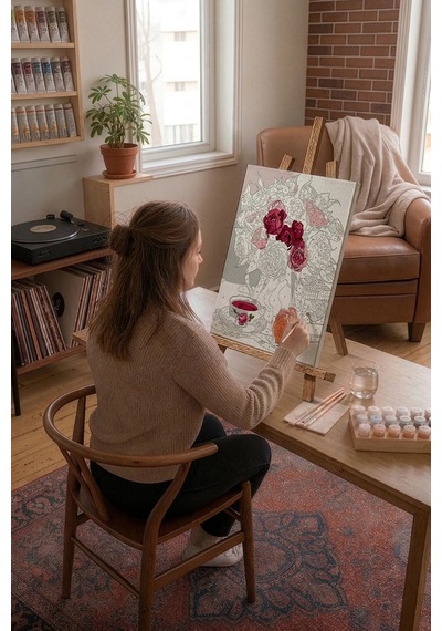 Sayılarla Boyama Seti 40 x 50 CM Tuval Şasesine Gerili Pembe Kamelyalar