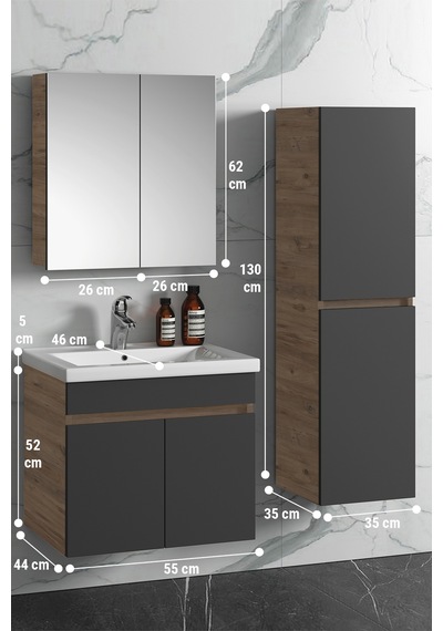 Çiğdem 55+35 Cm Atlantik Çam- Antrasit Gri Mat Mdf Seramik Lavabo Antrasit - Atlantik Çam