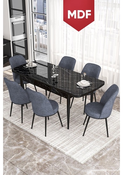 Canisa Kor Serisi MDF Siyah Mermer Desen 70x114 Açılabilir Yemek Masası Takımı, 6 Sandalye Masa Siyah Mermer Desen Sandalye Füme Canisa Kor Serisi MDF Siyah Mermer Desen 70x114 Açılabilir Yemek Masası Takımı, 6 Sandalye Masa Siyah Mermer Desen Sandalye Füme