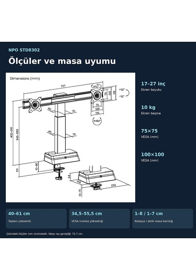 Std8302 Yüz Algılayıcılı Otomatik Ayarlı 17-27 20kg Kablosuz Şarjlı Vesa Çift Monitör Tutucu