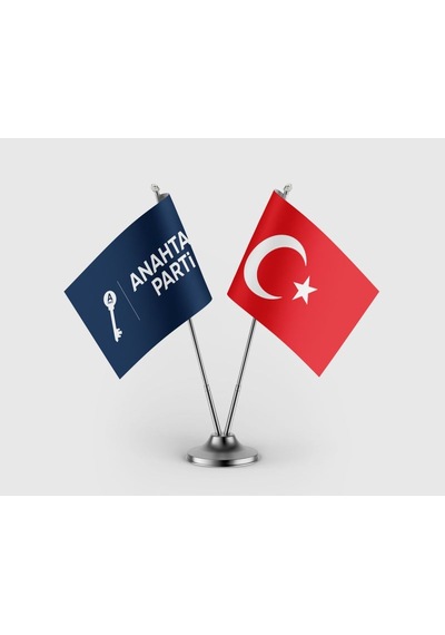 Mavi Anahtar Parti Bayrağı Ve Türk Bayrağı İkili Saten Masa Bayrağı Takımı Diğer