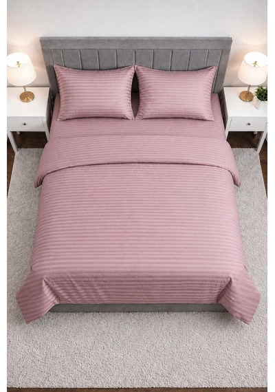 Wova Home Mauve Stripe Çift Kişilik Nevresim Takımı%90 Pamuk 83 Tel Saten Çizgili Lastikli Çarşaflı Mürdüm Nev Çok Renkli