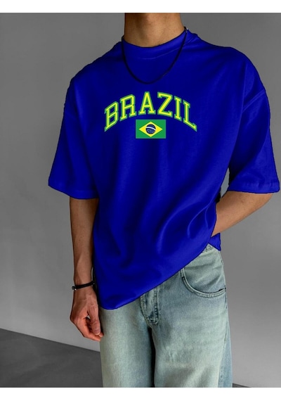 Brazıl Baskılı Oversize Tişört Saks Mavisi