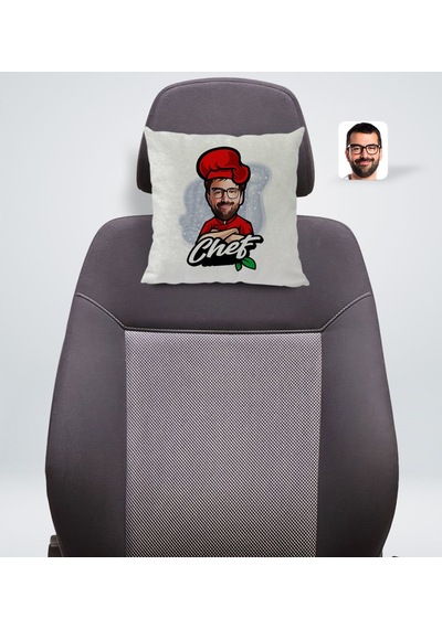 Bk Gift Kişiye Özel Erkek Chef Karikatürlü Kare Araç Koltuk Yastığı-10 Çok Renkli