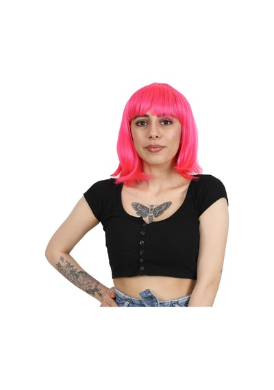 Küt Kahküllü Fiber Sentetik Peruk - Neon Pembe Renkli