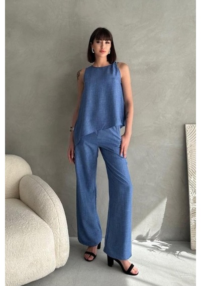 By Saygı Kadın Toka Detaylı Eteği Asimetrik Bluz Beli Lastikli Cepli Palazzo Pantolon Keten 2'li Takım İndigo By Saygı Kadın Toka Detaylı Eteği Asimetrik Bluz Beli Lastikli Cepli Palazzo Pantolon Keten 2'li Takım İndigo
